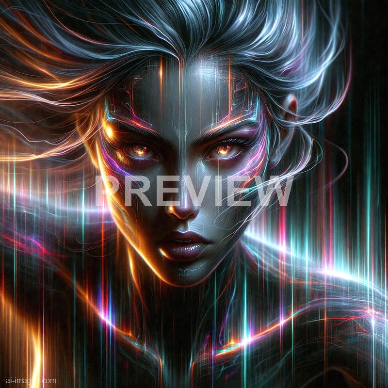 The image depicts a highly stylized, futuristic portrait of a woman with intense, glowing eyes and metallic skin. Her flowing hair appears to be made of luminous, multicolored streaks that intertwine with bright, neon lines, creating a dynamic sense of motion. The background is dark, accentuating the vibrant, electric colors and intricate light patterns that give the entire image a cyberpunk, sci-fi aesthetic.